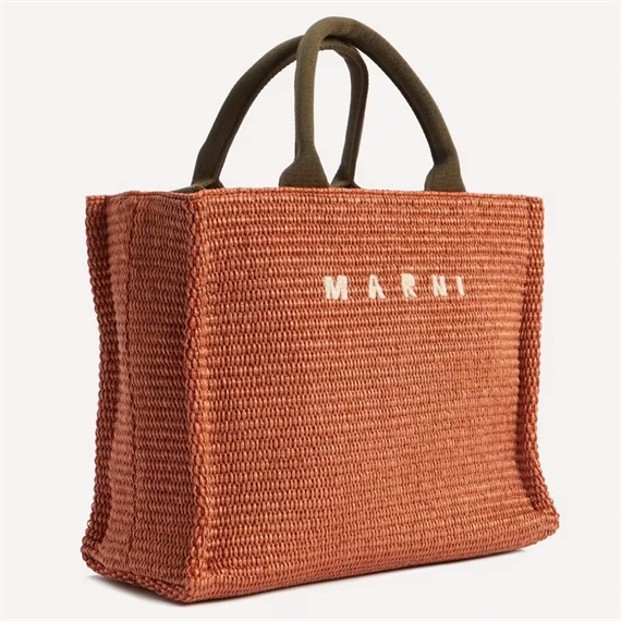 Marni Small Raffia Tote Bag, Brick/Olive 